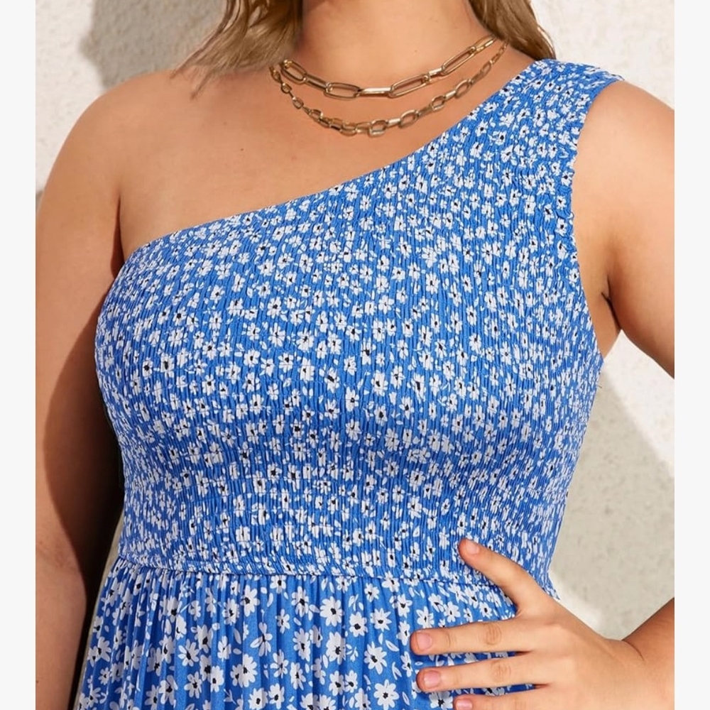 Blue Floral One-Shoulder Dress